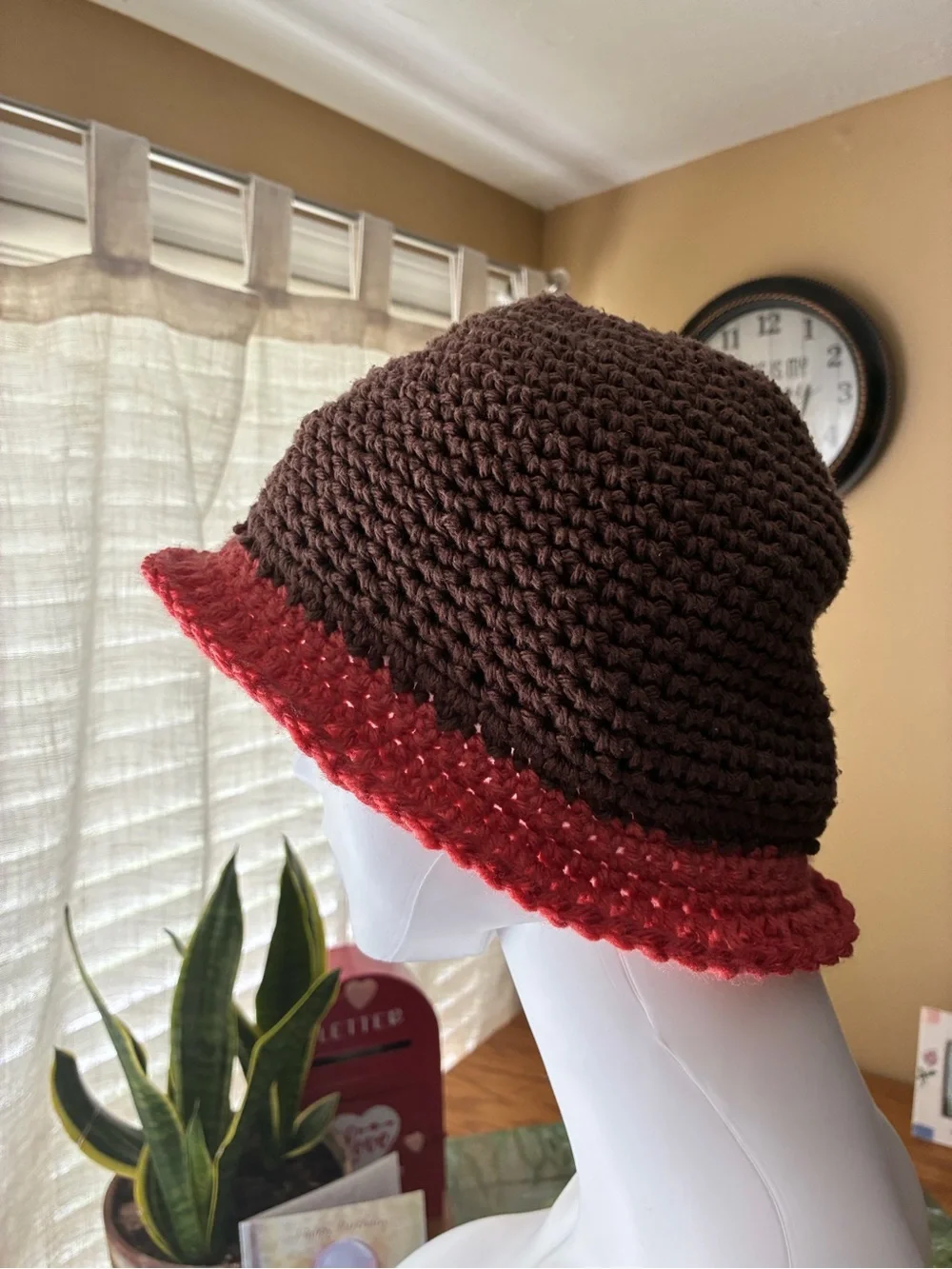 Crocheted Brown and Coral Cloche Hat with Floral Accent